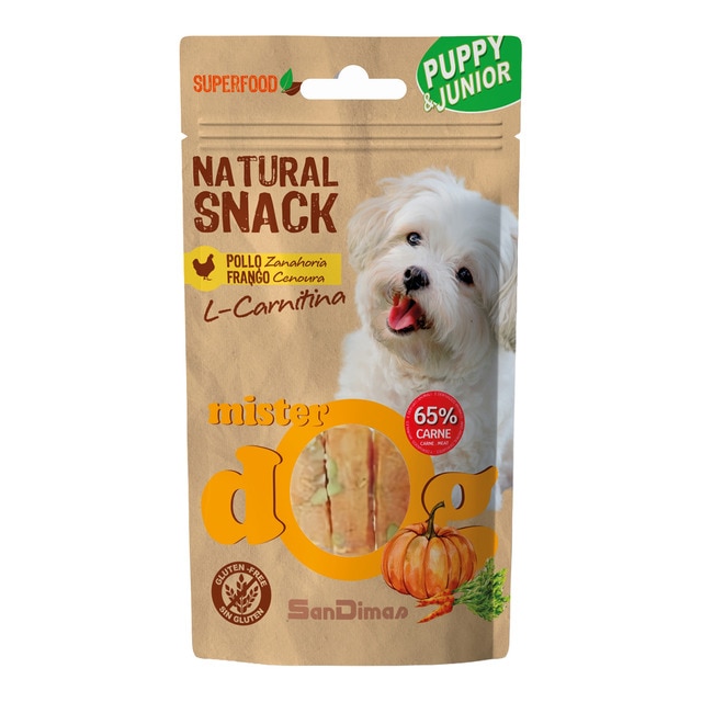 Mister Dog – Snack para perros cachorros y junior Mister Dog pollo con zanahoria 70 g.
