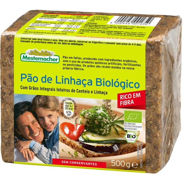 Pão de Linhaça com Grãos Integrais Inteiros de Centeio e Linhaça Biológico embalagem 500 g