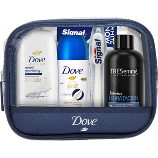 DOVE neceser con gel de ducha hidratación profunda 55 ml + antitranspirante en roll on 50 ml + champú T hidratación intensa 100 ml + dentrífico Signal 14 ml y cepillo dental