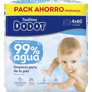 DODOT toallitas húmedas infantiles loción ligera con 99% agua 0% alcohol y perfume envase con 4 paquetes de 60 unidades