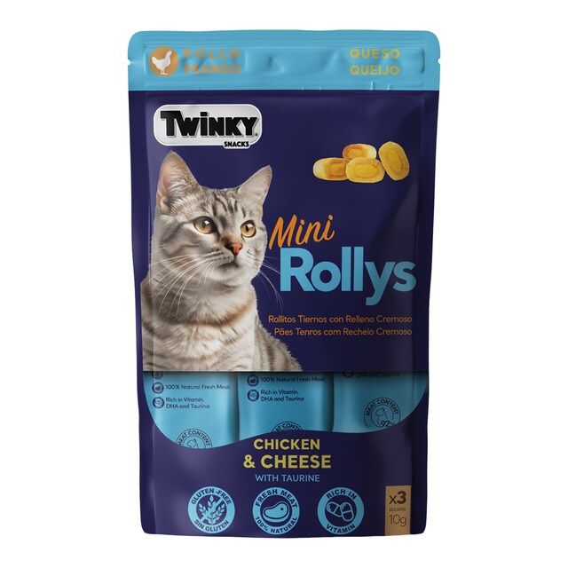 Twinky - Snack para gatos Mini Rollys Twinky pollo y queso 3 x 10 g