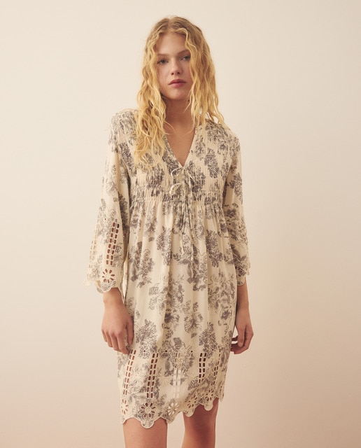 Southern Cotton - Vestido corto de manga francesa estampado de mujer.