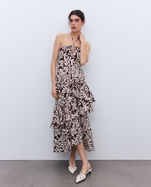 Tintoretto - Vestido escote corazón cuello halter volantes.