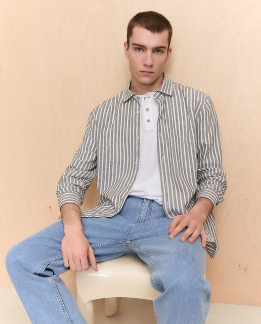 Easy Wear - Camisa de hombre manga larga lino algodón rayas.