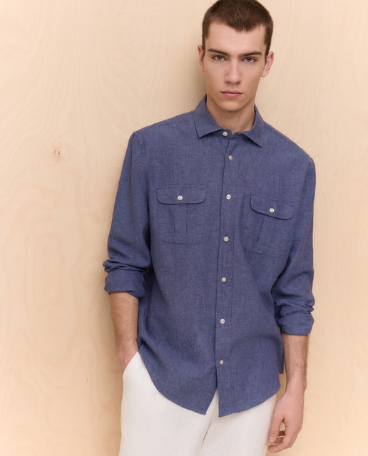 Easy Wear - Camisa de hombre manga larga lino algodón bolsillos.