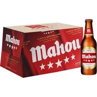 MAHOU 5 ESTRELLAS cerveza rubia especial pack 24 botellas 25 cl