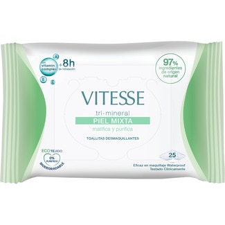 VITESSE toallitas desmaquillantes tri-mineral matifica y purifica con complejo vitamínico A, E y C bolsa 25 unidades para piel mixta y maquillaje waterproof