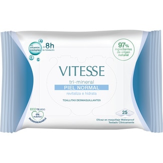 VITESSE toallitas desmaquillantes tri-mineral revitaliza e hidrata con complejo vitamínico A, E, C bolsa 25 unidades para piel normal