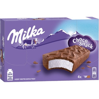 MILKA snack de bizcocho de cacao con dos capas de galleta y crema de leche fresca pack 4 unidades 32 g