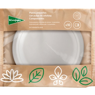 Platos compostables blancos con pulpa de celulosa extra rígido 16 cm paquete 10 unidades - El Corte Ingles