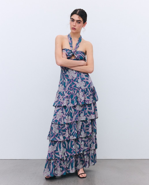 Tintoretto - Vestido cuello halter volantes de mujer.