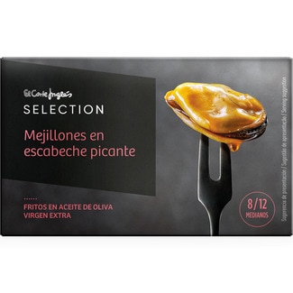 EL CORTE INGLES SELECTION mejillones en escabeche picante medianos 8-12 piezas lata 69 g neto escurrido