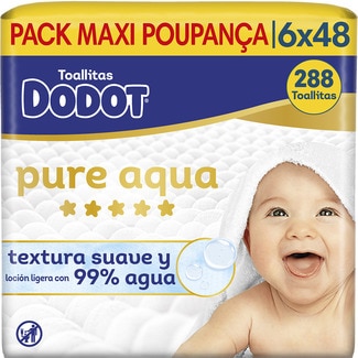 DODOT toallitas húmedas infantiles Pure Aqua textura suave y loción ligera con 99% agua pack 6x48 envase 288 unidades