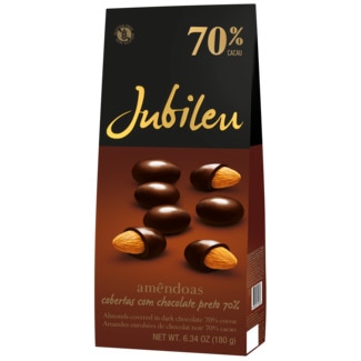 Jubileu Amêndoas Cobertas com Chocolate Preto 70% Cacau embalagem 180 g
