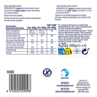 Protein yogur con proteínas natural desnatado 0% m.g. 0% azúcares añadidos pack 4 unidades 100 g 0% conservantes - Danone
