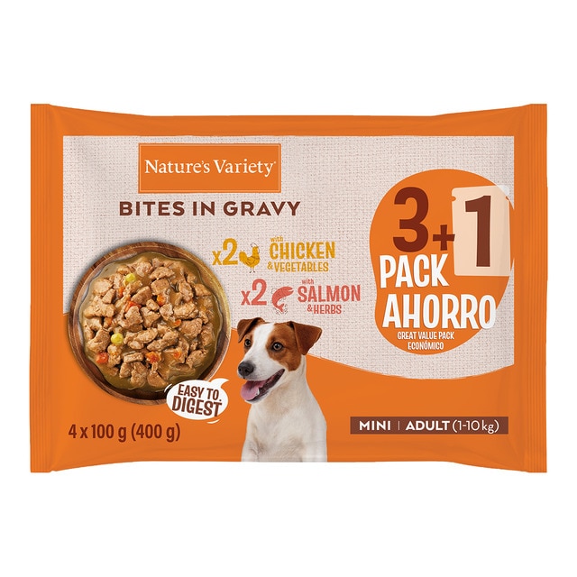 Nature's Variety - Comida húmeda para perros adultos mini Nature's Variety bocaditos en salsa pollo y salmón…