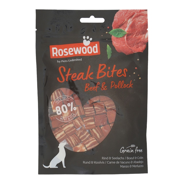 Rosewood - Snack para perros adultos medianos y grandes Steak Bites Rosewood ternera y abadejo 100 g.