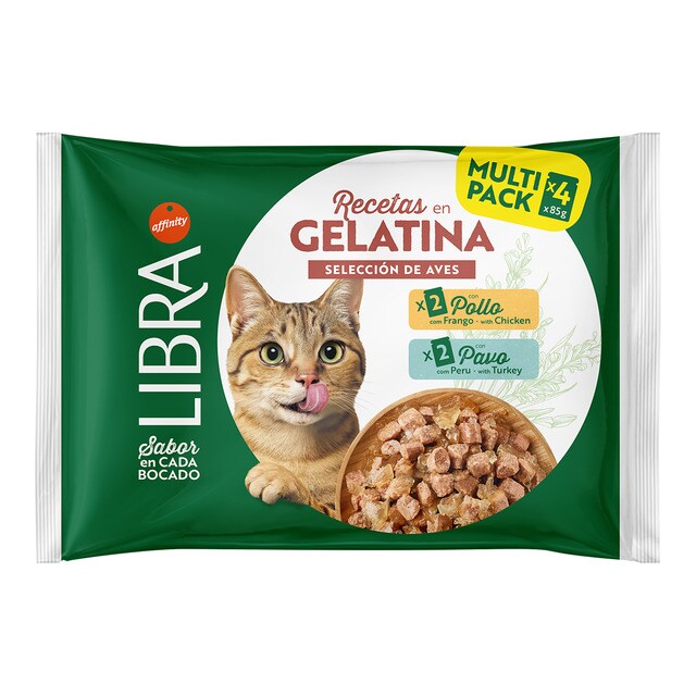 Libra - Comida húmeda para gatos adultos Libra recetas en gelatina pollo y pavo.