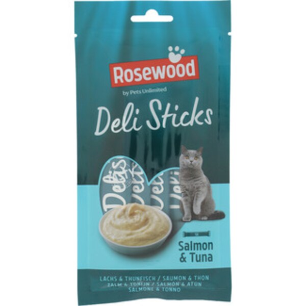 ROSEWOOD Delistick snacks para gatos en mousse con salmón y atún caja 5 envases 15 g