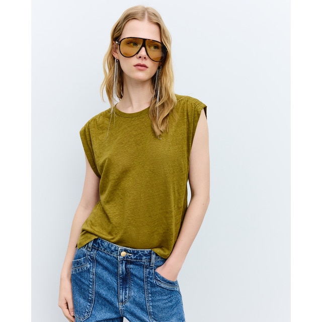 Tintoretto - Camiseta de mujer lino detallas hombro.