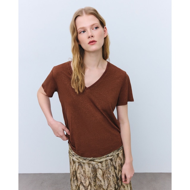 Tintoretto - Camiseta de mujer de lino y lúnex con escote en pico.