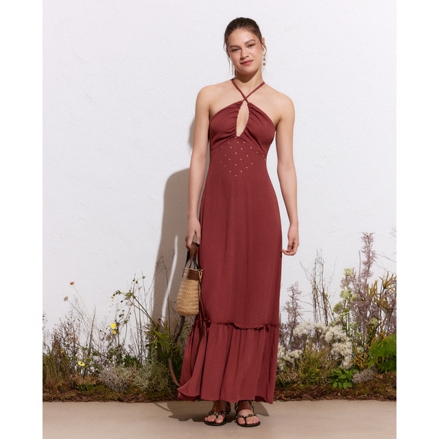 Green Coast - Vestido largo escote fruncido.