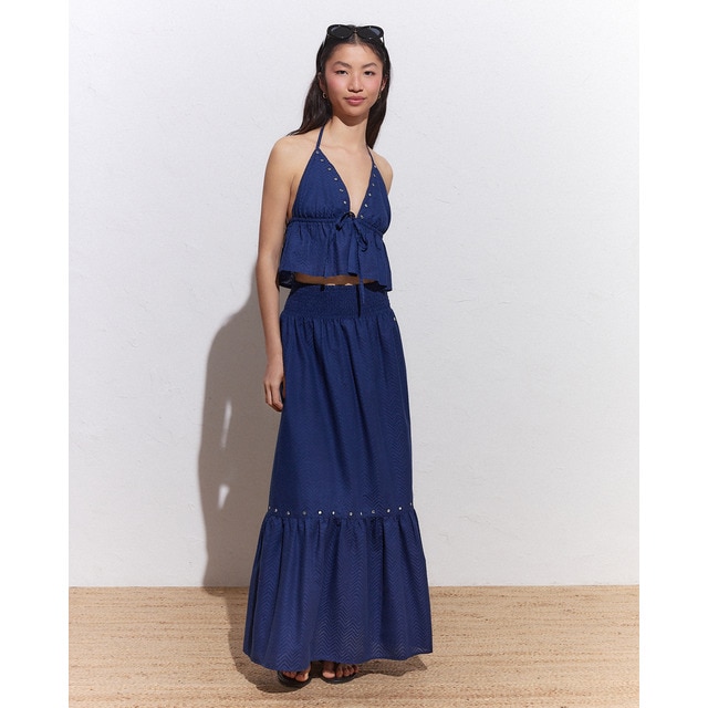 Green Coast - Falda larga azul lisa espejo.