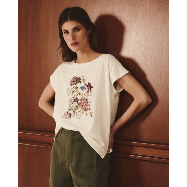 Lloyd's - Camiseta de mujer de manga corta con flor bordada.