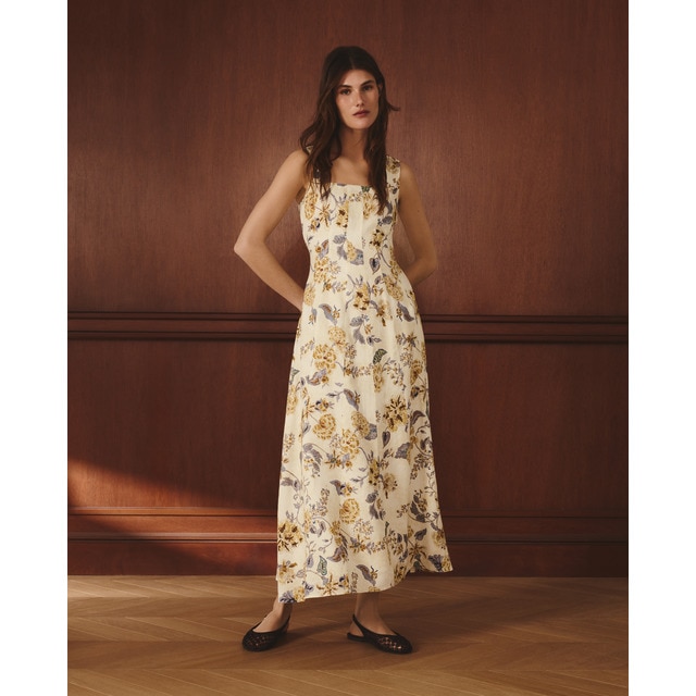 Lloyd's - Vestido de lino sin mangas escote cuadrado y estampado floral.