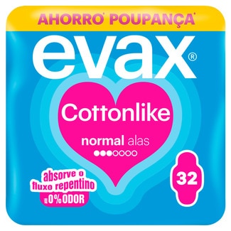 Evax Cottonlike Pensos Higiénicos Normal com Abas embalagem 32 unidades