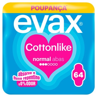 Evax Pensos Higiénicos Cottonlike Normal Alas embalagem 64 unidades