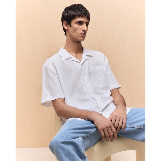 Easy Wear - Camisa de hombre manga corta lino algodón lisa bowling.