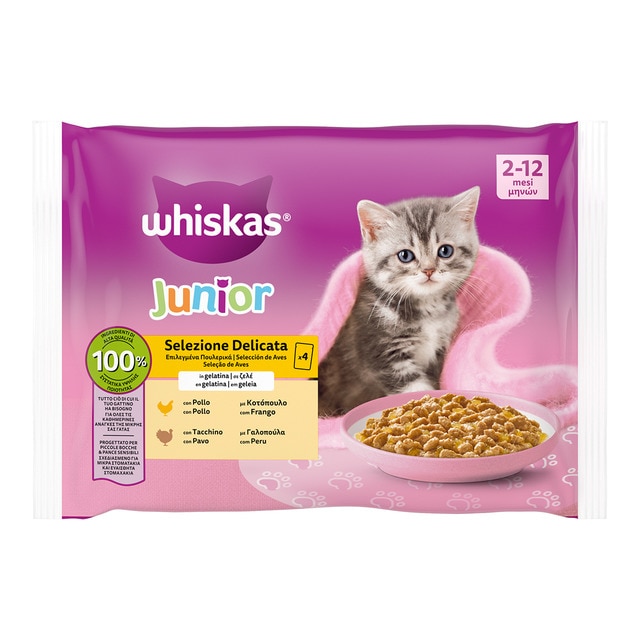 Whiskas - Comida húmeda para gatos Whiskas Junior Selección aves 4 x 85 g