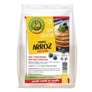 Cem Porcento Farinha de Arroz sem Glúten embalagem 500 g