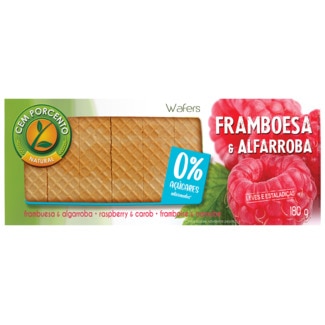 Cem Porcento Wafers com Recheio de Framboesas e Alfarrobas Desidratadas sem Açúcar embalagem 180 g