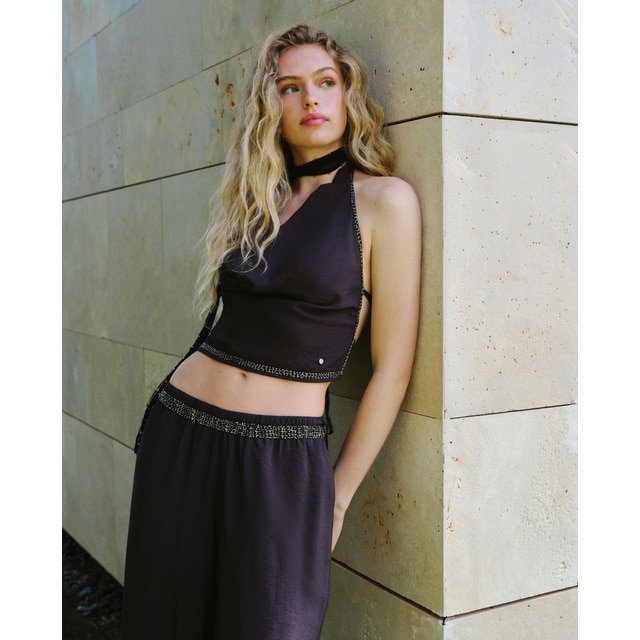 Green Coast - Top drapeado con abalorios de mujer.