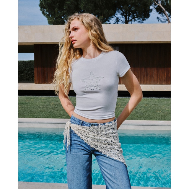 Green Coast - Camiseta de mujer con estrella y encaje.
