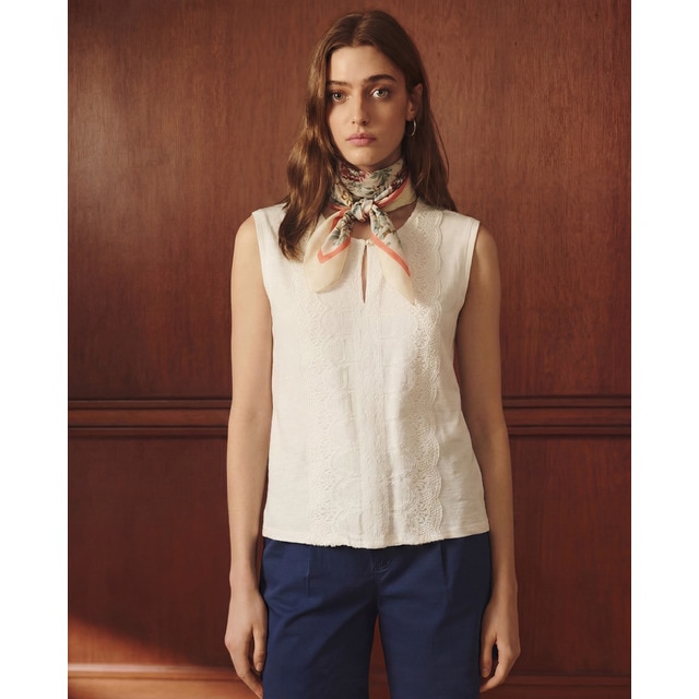Lloyd's - Camiseta de mujer sin mangas cuello caja con encaje romántico.