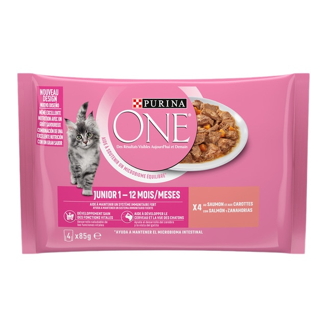 Purina One - Comida húmeda para gatos Junior Purina One salmón 4 x 85 g