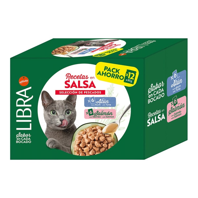 Libra - Comida húmeda para gatos adultos Libra recetas en salsa atún y salmón.