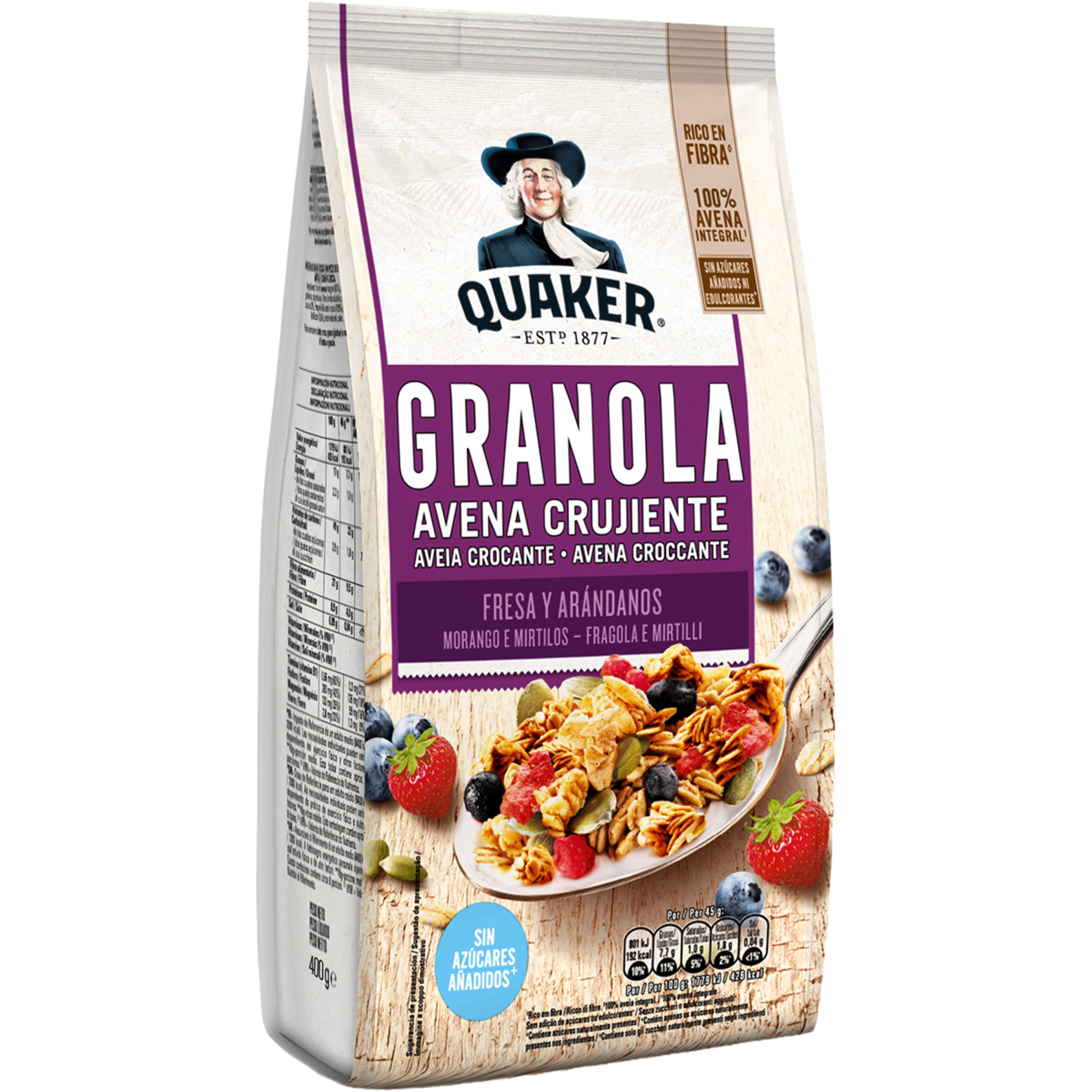 muesli con avena crujiente, fresa y arándanos 100% avena integral sin azúcares añadidos