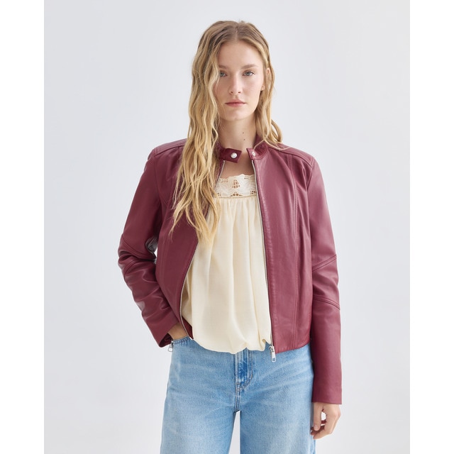 BOSS Orange - Chaqueta biker corta sin cuello en cuero estructurado.