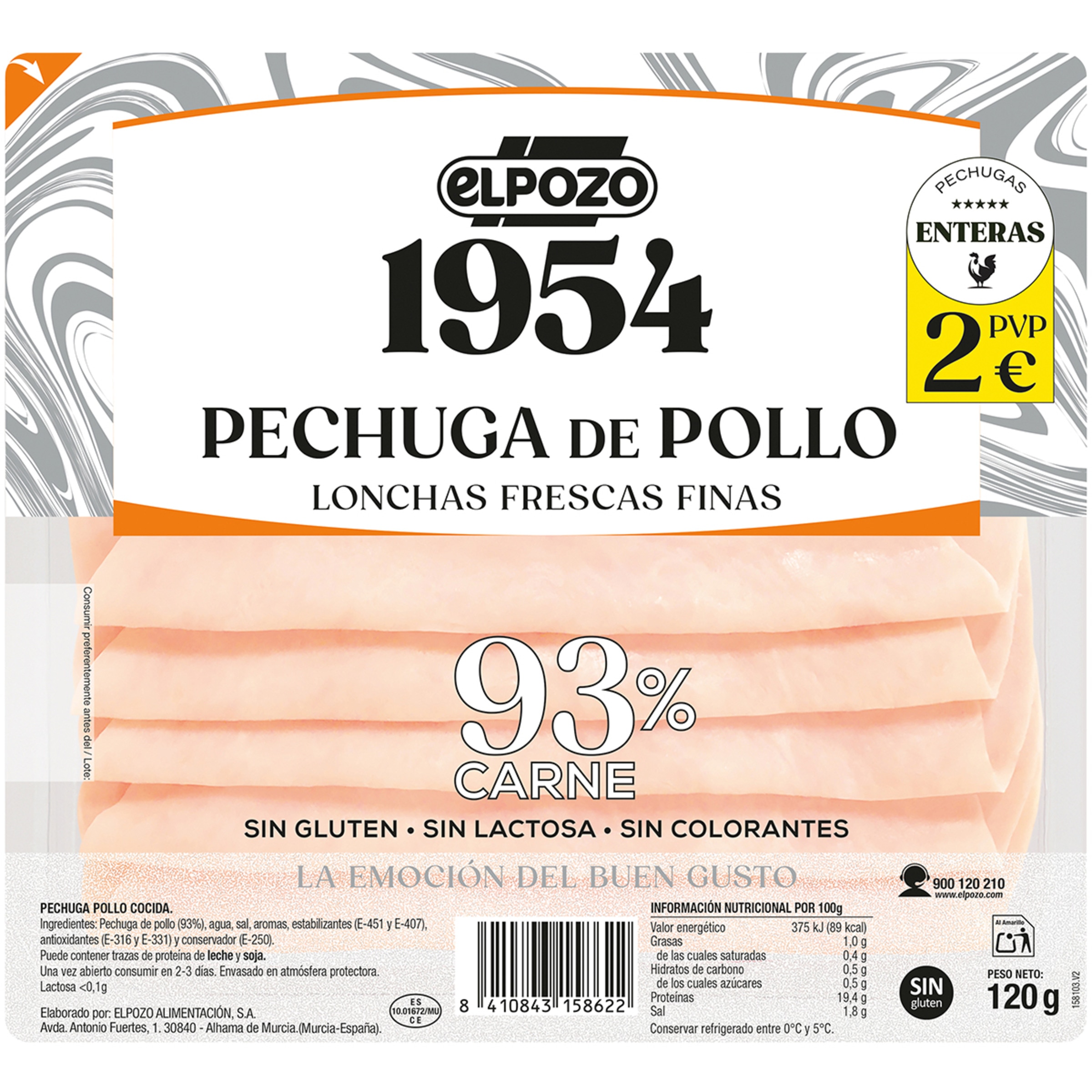 Edición 1954 pechuga de pollo lonchas finas sin gluten sin lactosa envase 120 g - Elpozo