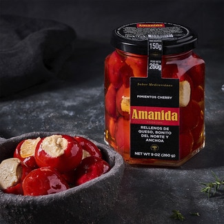 Pimientos cherry rellenos de queso bonito del norte y anchoa sabor mediterráneo frasco 150 g neto escurrido - Amanida