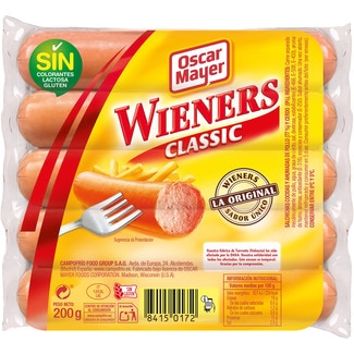 Wieners Classic salchichas cocidas de cerdo y pollo sabor ahumado 5 piezas envase 200 g sin gluten sin lactosa - Oscar Mayer