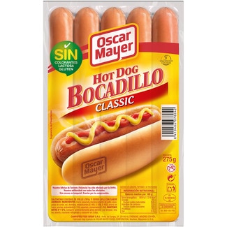 Hot Dog Bocadillo Classic salchichas cocidas de cerdo y pollo con sabor ahumado 5 piezas envase 275 g sin gluten sin lactosa - Oscar Mayer