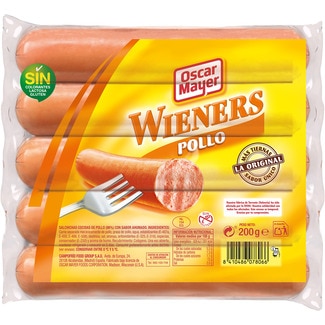 Wieners salchichas cocidas de pollo sabor ahumado sin gluten sin lactosa 5 piezas envase 200 g - Oscar Mayer