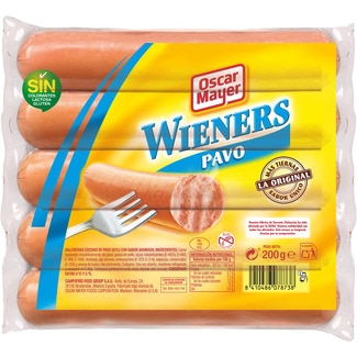 Wieners salchichas cocidas de pavo con sabor ahumado sin gluten sin lactosa 5 piezas envase 200 g - Oscar Mayer