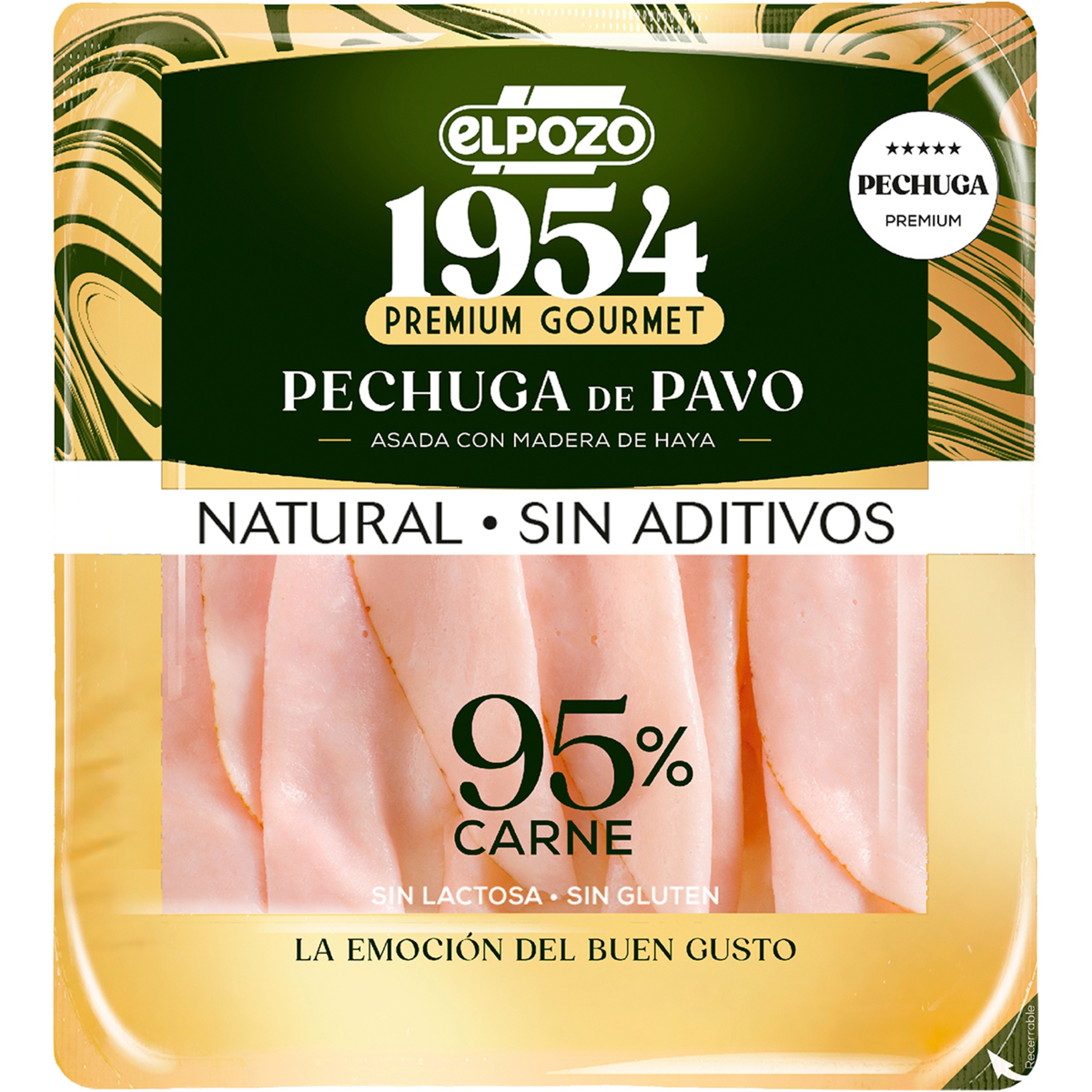 Edición 1954 Premium Gourmet pechuga de pavo asada con madera de haya natural sin aditivos en lonchas sin gluten sin lactosa envase 120 g - Elpozo