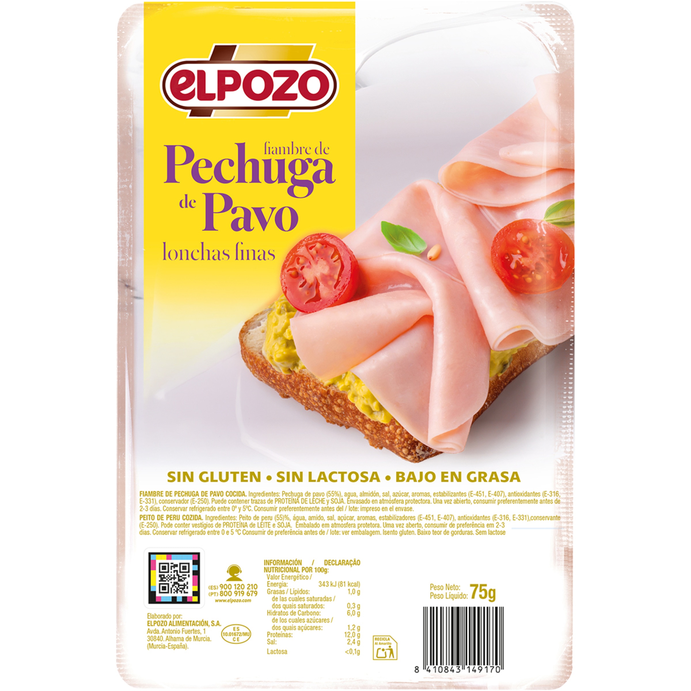 Fiambre de pechuga de pavo bajo en grasa en lonchas envase 75 g sin gluten - Elpozo